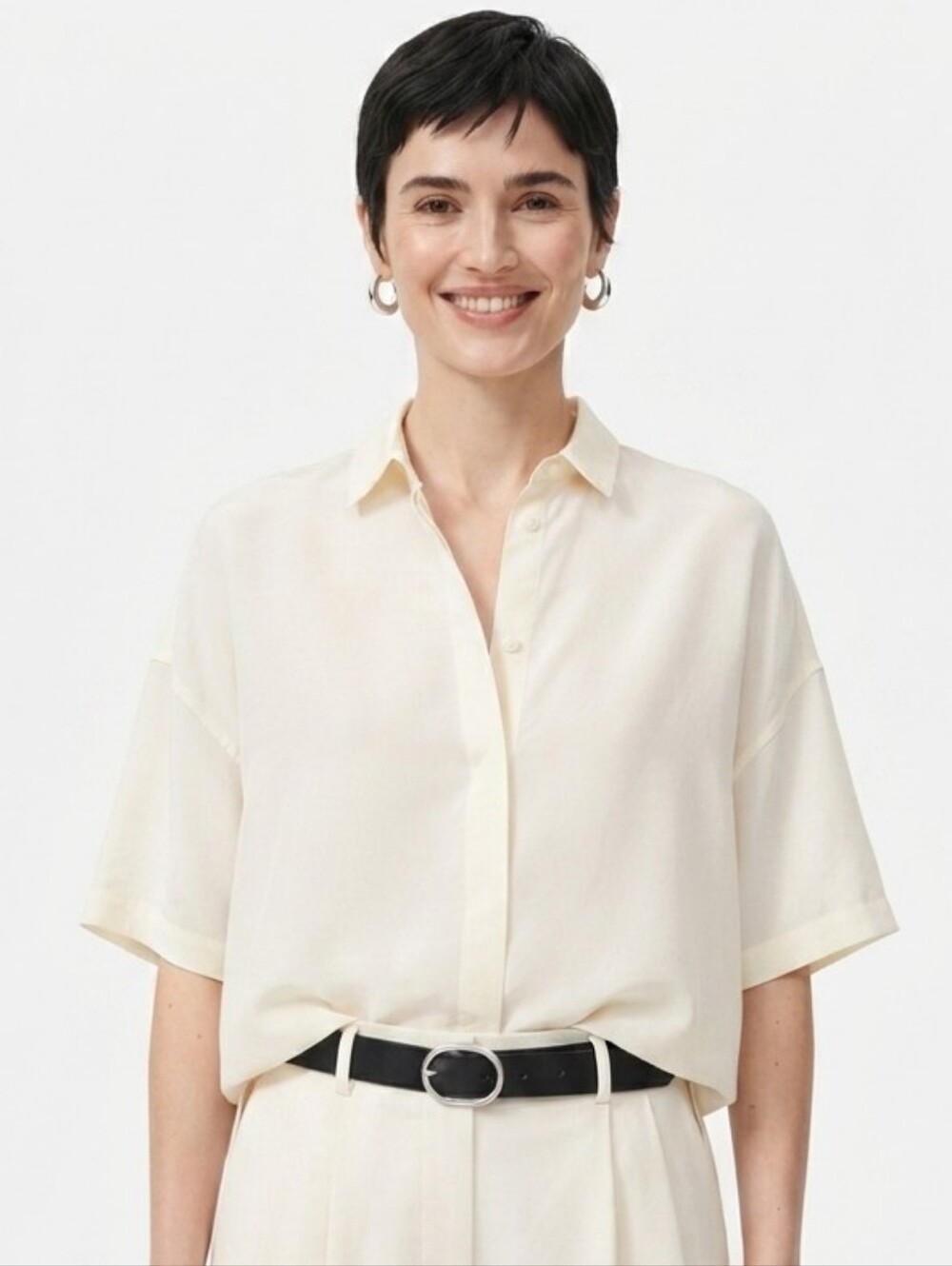 NWT! Everlane The Drapey Square Button Up Shirt Short Sleeve Bone Tencel Boxy! L